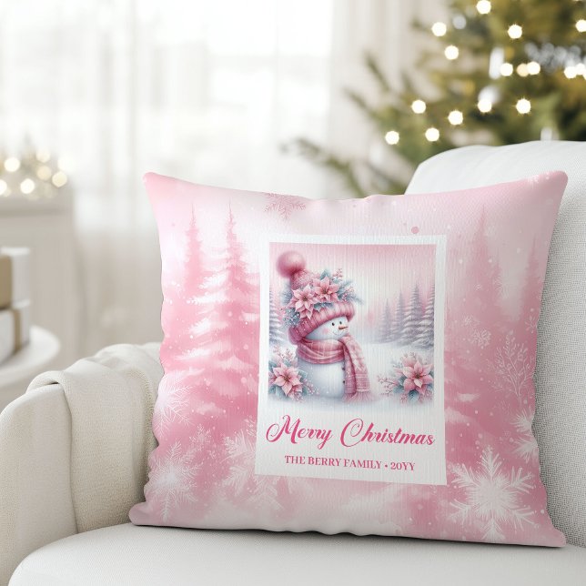Bevallige Roze Sneeuwman Kerst Scene Kussen Cadeau (Charming Pink Snowman Christmas Scene Pillow Gift)