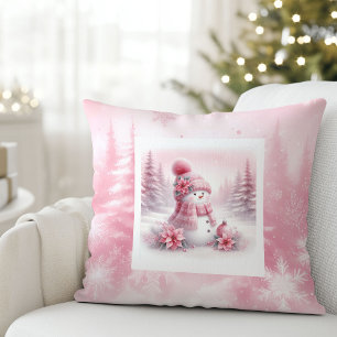 Bevallige Roze Sneeuwman Kussen Winter Kamer Stijl