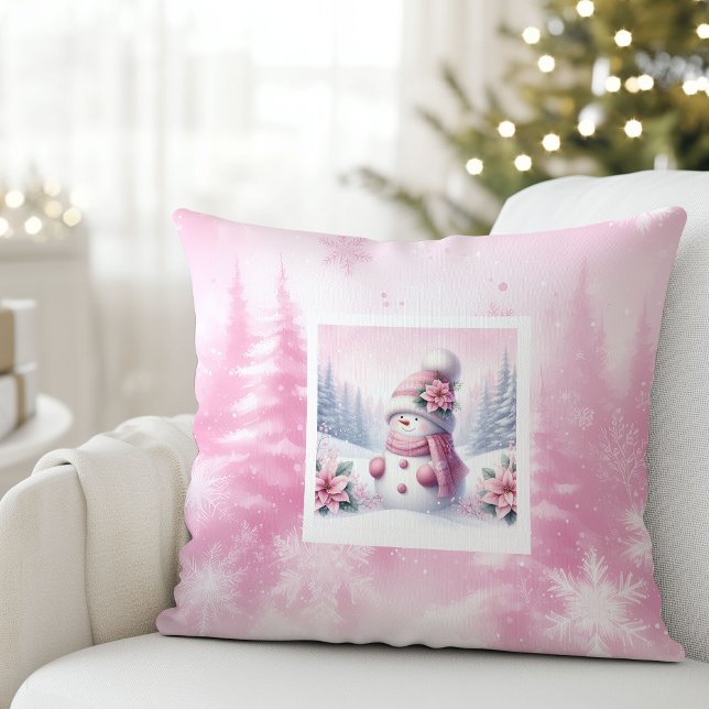 Bevallige Roze Sneeuwman Winter Scene Kinderen Kus Kussen (Charming Pink Snowman Winter Scene Kids Gift Pillow

)