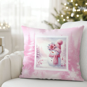 Bevallige Roze Sneeuwman Winterse Kussen Cadeau