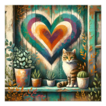 Bevallige Rustieke Kat Hart Teal, Amber & Crème
