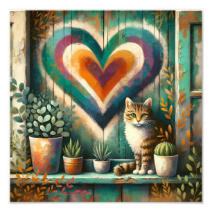 Bevallige Rustieke Kat Hart Teal, Amber & Crème Foto Afdruk