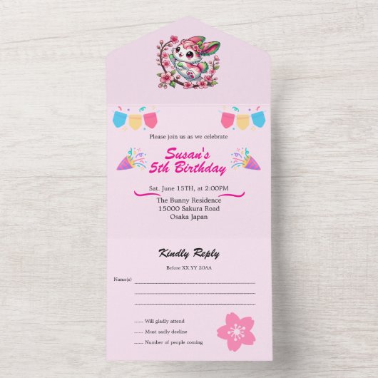 Bevallige Sakura Konijn All In One Uitnodiging (Binnen)