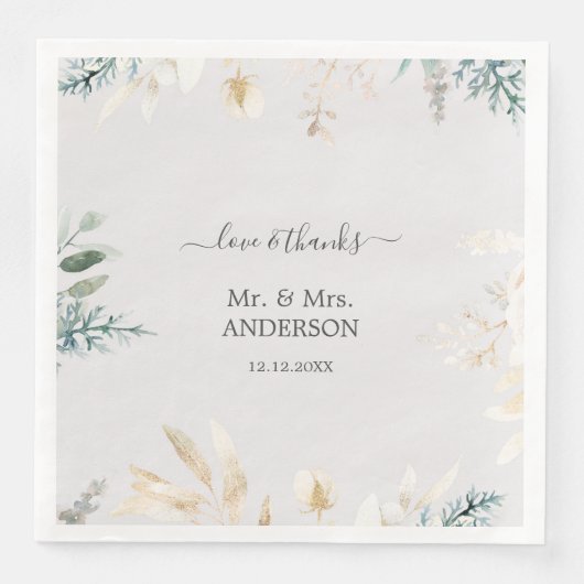 Bevallige Waterverf Groen Goud Bruiloft Servet (Voorkant)