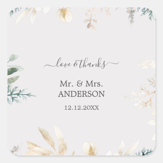 Bevallige Waterverf Groen Goud Bruiloft Vierkante Sticker (Voorkant)