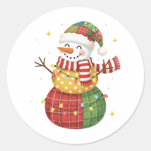 Bevallige Waterverf Patchwork Sneeuwman Kerstmis Ronde Sticker