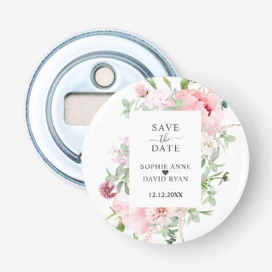 Bevallige Waterverf Pioen Bloemstuk Bruiloft Button Flesopener (Voorkant)
