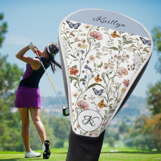 Bevallige Wilde Bloemen Vlinders Naam Monogram Golfheadcover