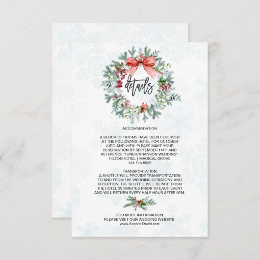 Bevallige Winterkrans Sneeuwvlokken Trouwdetails Informatiekaartje (Voorkant / Achterkant)