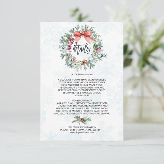 Bevallige Winterkrans Sneeuwvlokken Trouwdetails Informatiekaartje (Staand voorkant)
