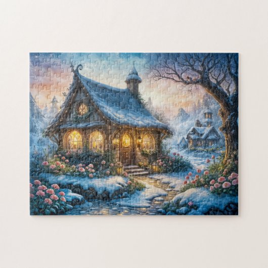 Bevallige winterwoning met feestelijke lichten legpuzzel (Horizontaal)