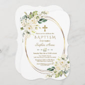 Bevallige Witte Bloemen Gouden Kruis Kader Doop Kaart (Voorkant / Achterkant)