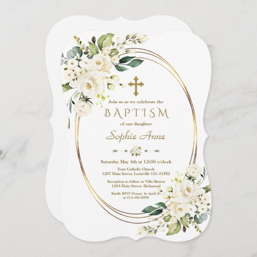 Bevallige Witte Bloemen Gouden Kruis Kader Doop Kaart (Voorkant / Achterkant)