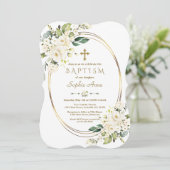 Bevallige Witte Bloemen Gouden Kruis Kader Doop Kaart (Staand voorkant)