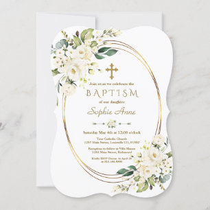 Bevallige Witte Bloemen Gouden Kruis Kader Doop Kaart