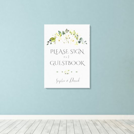 Bevallige witte crème bloemengastboekbord canvas afdruk (Insitu (Houten vloer))