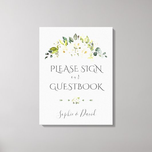 Bevallige witte crèmekleurige bloemengastboekbord canvas afdruk (Voorkant)