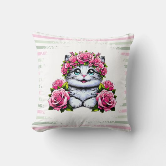 Bevallige Witte Kat met Bloemenkroon Kussen (Voorkant)