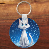 Bevallige Witte Kat met Grote Blauwe Ogen Sleutelhanger (Voorkant)