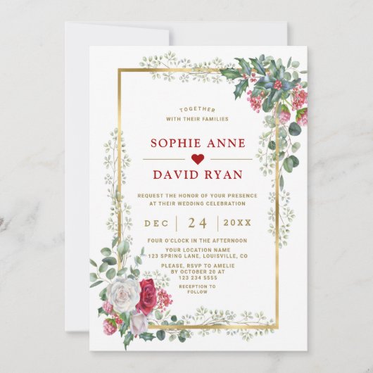 Bevallige witte rode bloem goud Kerst Huwelijk Kaart (Voorkant)