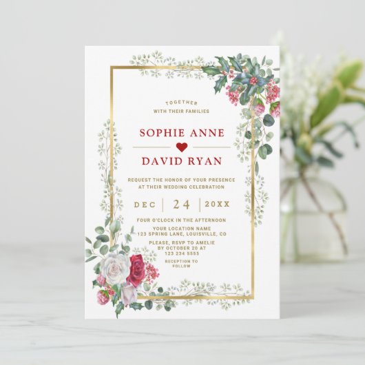 Bevallige witte rode bloem goud Kerst Huwelijk  Kaart (Staand voorkant)