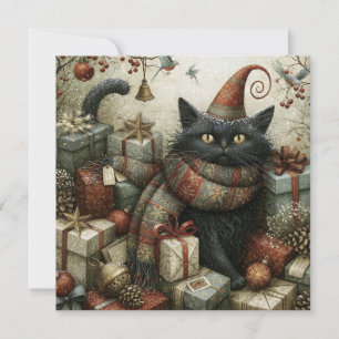 Bevallige Zwarte Kat in Hoed met Kerstcadeaus Kaart