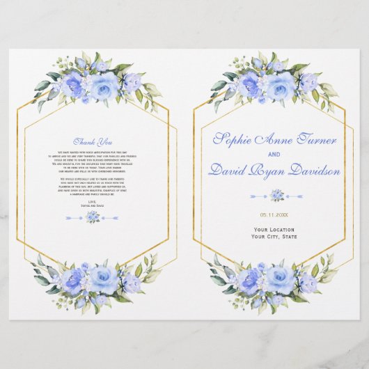 Bevalligend Blauw Bloemmotief Gouden Lijst Bruilof Flyer (Voorkant)