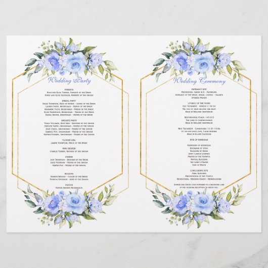 Bevalligend Blauw Bloemmotief Gouden Lijst Bruilof Flyer (Achterkant)