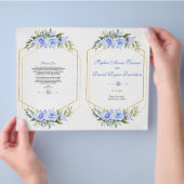 Bevalligend Blauw Bloemmotief Gouden Lijst Bruilof Flyer (Hand)