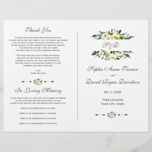 Bevalligend wit bloeiend bloem bruiloftsprogramma flyer (Voorkant)