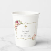 Bevalligende Gouden Frame Blush Roze Bloem Doop  Papieren Bekers (Achterkant)