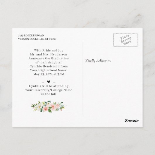 Bevalligende Roze Bloemen Afstudeeraankondiging Briefkaart (Achterkant)