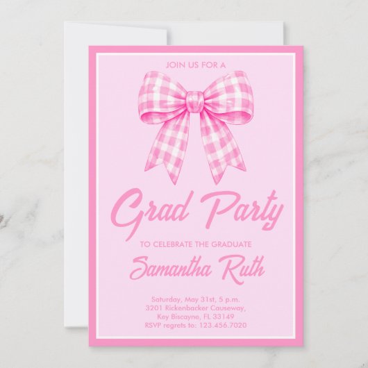 Bevalligende Roze Gingham Strik Afstudeerfeest Kaart (Voorkant)
