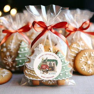 Bevat kattenhaar grappig kerstfeest gepersonalisee ronde sticker