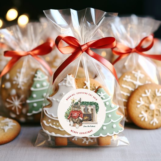 Bevat kattenhaar grappig kerstfeest gepersonalisee ronde sticker