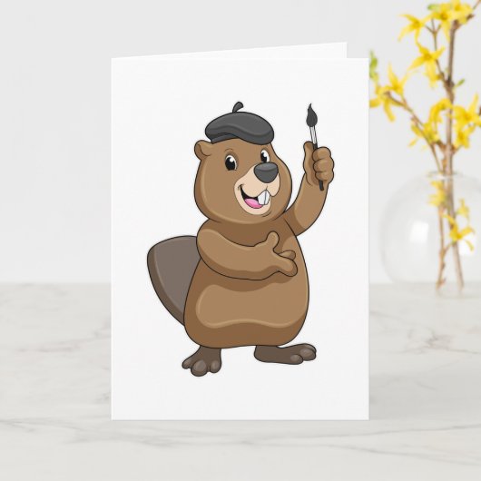 Bever als Schilder met verfkwast Kaart (Gele Bloem)