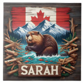 Bever, berg, vlag, blauwe oceaan tegeltje (Voorkant)