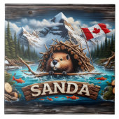 Bever, berg, vlag, blauwe oceaan tegeltje (Voorkant)