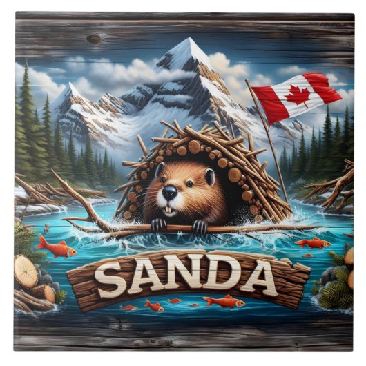 Bever, berg, vlag, blauwe oceaan tegeltje (Voorkant)