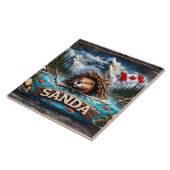 Bever, berg, vlag, blauwe oceaan tegeltje (Zijkant)