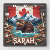 Bever, berg, vlag, blauwe oceaan vierkante klok (Voorkant)