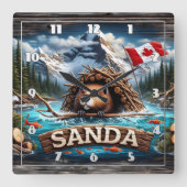 Bever, berg, vlag, blauwe oceaan vierkante klok (Voorkant)