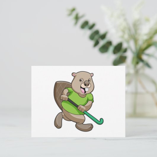 Bever bij hockey met hockeystick briefkaart (Staand voorkant)