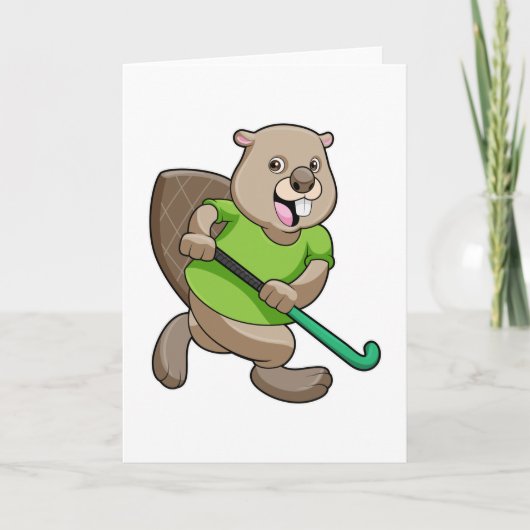 Bever bij hockey met hockeystick kaart (Voorkant)