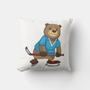 Bever bij ijshockey met ijshockeystick kussen