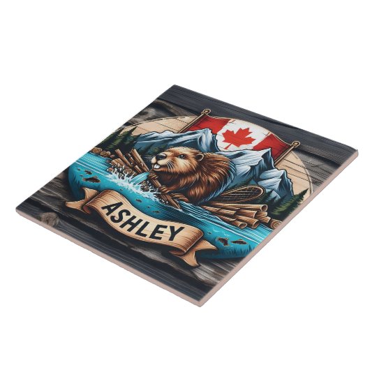 Bever bij rivier met bergen achter tegeltje (Zijkant)