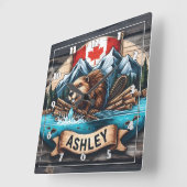 Bever bij rivier met bergen achter vierkante klok (Hoek)