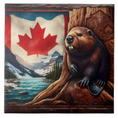 Bever bij rivier met Canadese vlag Tegeltje (Voorkant)