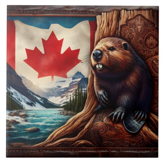 Bever bij rivier met Canadese vlag Tegeltje (Voorkant)