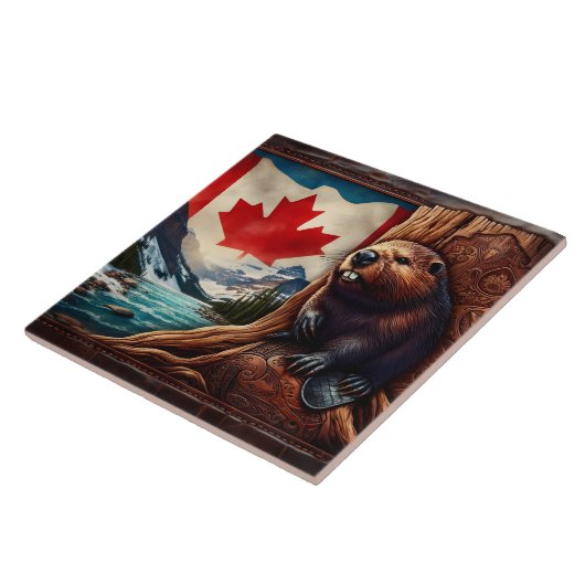Bever bij rivier met Canadese vlag Tegeltje (Zijkant)